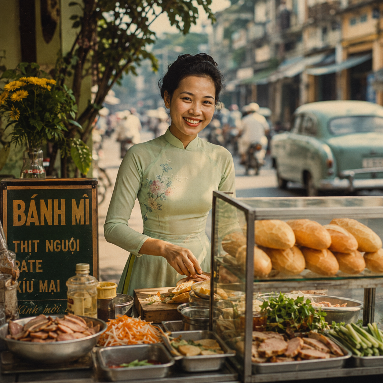 Vietnamese ao dai street vendor at a bánh mì cart, 1950s Saigon